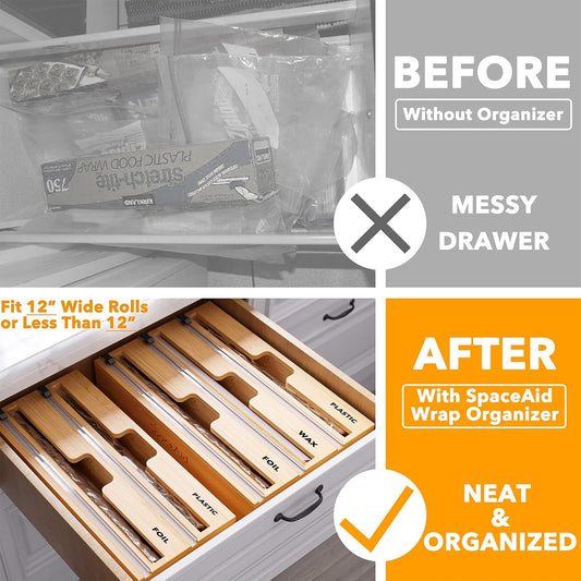 WrapNeat 3 in 1 Wrap Organizer with Cutter and Labels, Plastic Wrap, Aluminum Foil and Wax Bamboo Dispenser for Kitchen Storage Organization Holder for 12" Roll (Natural)
