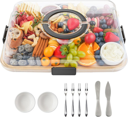 Portable Bamboo Charcuterie Board with Lid, 6 Compartments | Includes Knife Set, Plates, Forks & Handle, Travel Serving Tray Platter for Cheese, Meat, Fruit, Housewarming Gift for Women