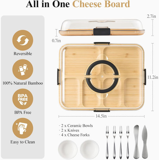 Portable Bamboo Charcuterie Board with Lid, 6 Compartments | Includes Knife Set, Plates, Forks & Handle, Travel Serving Tray Platter for Cheese, Meat, Fruit, Housewarming Gift for Women