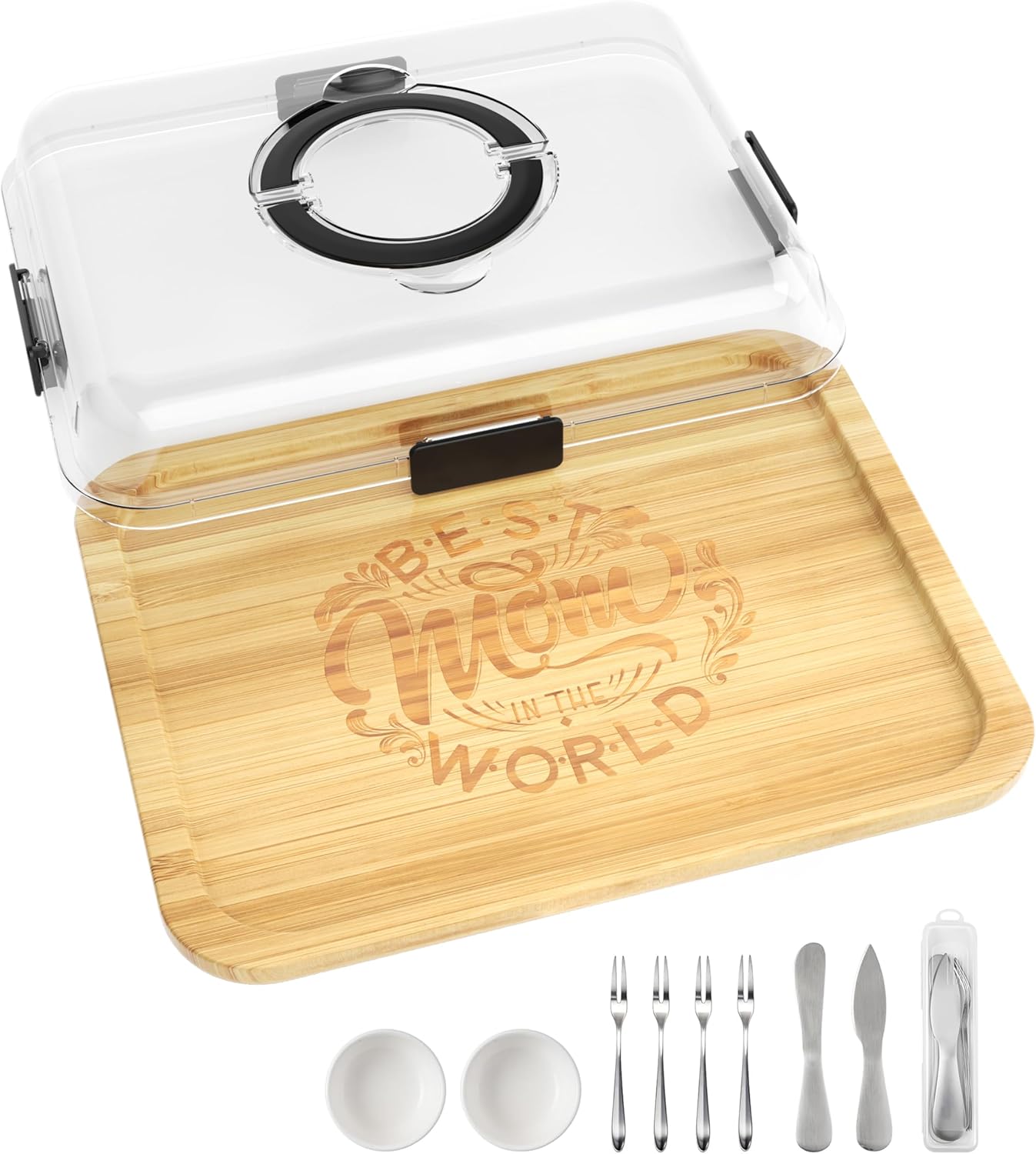 Portable Bamboo Charcuterie Board with Lid, 6 Compartments | Includes Knife Set, Plates, Forks & Handle, Travel Serving Tray Platter for Cheese, Meat, Fruit, Housewarming Gift for Women