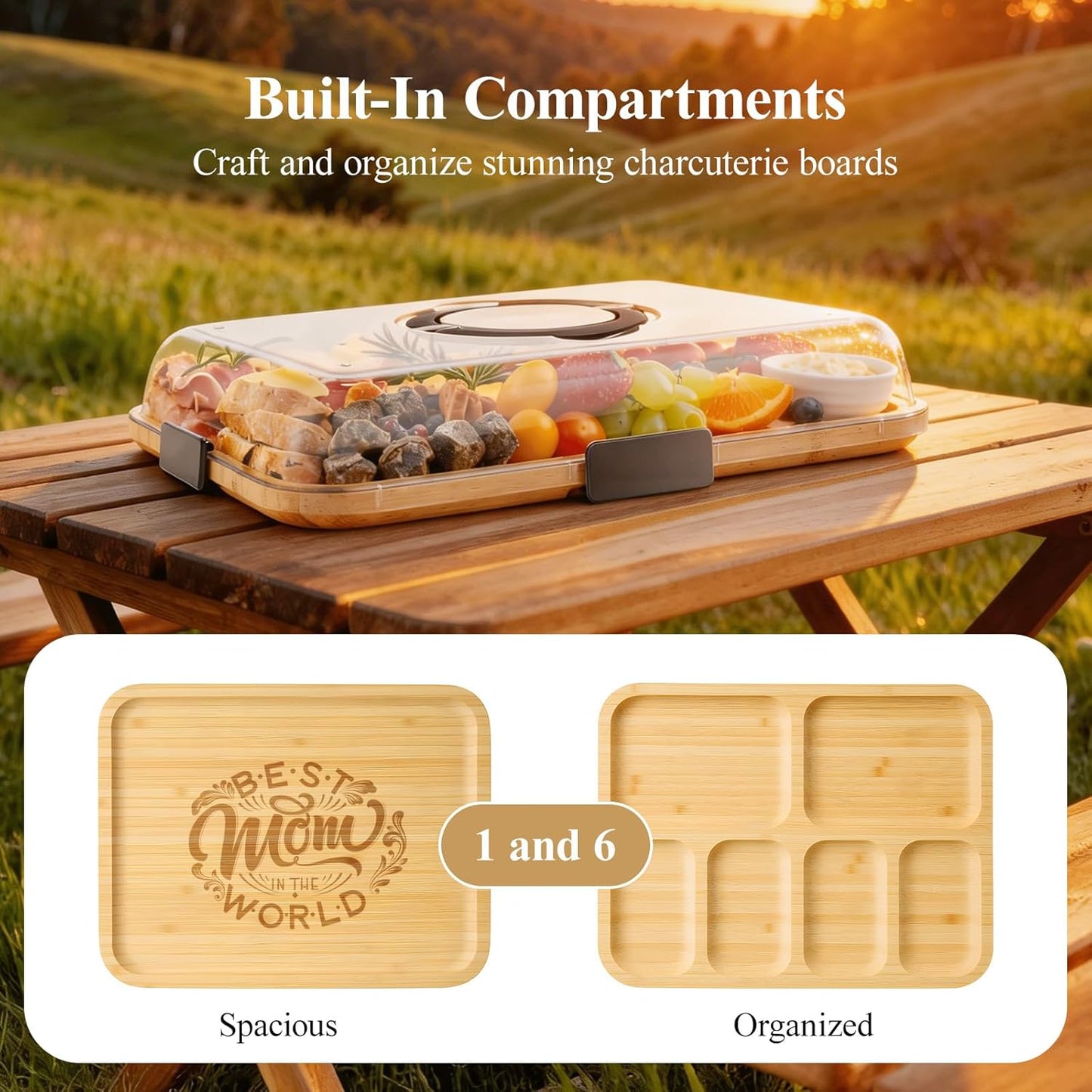 Portable Bamboo Charcuterie Board with Lid, 6 Compartments | Includes Knife Set, Plates, Forks & Handle, Travel Serving Tray Platter for Cheese, Meat, Fruit, Housewarming Gift for Women
