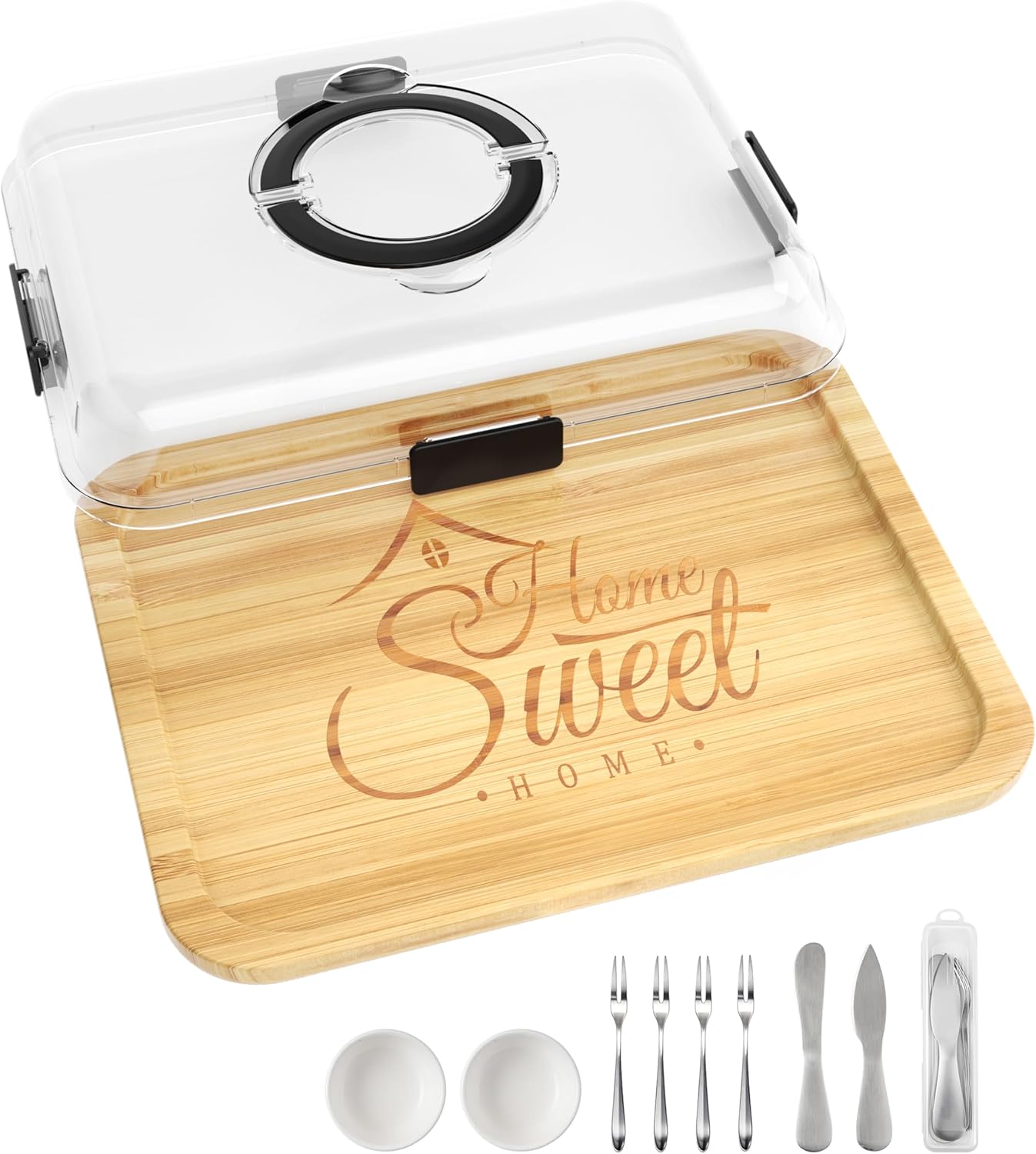 Portable Bamboo Charcuterie Board with Lid, 6 Compartments | Includes Knife Set, Plates, Forks & Handle, Travel Serving Tray Platter for Cheese, Meat, Fruit, Housewarming Gift for Women