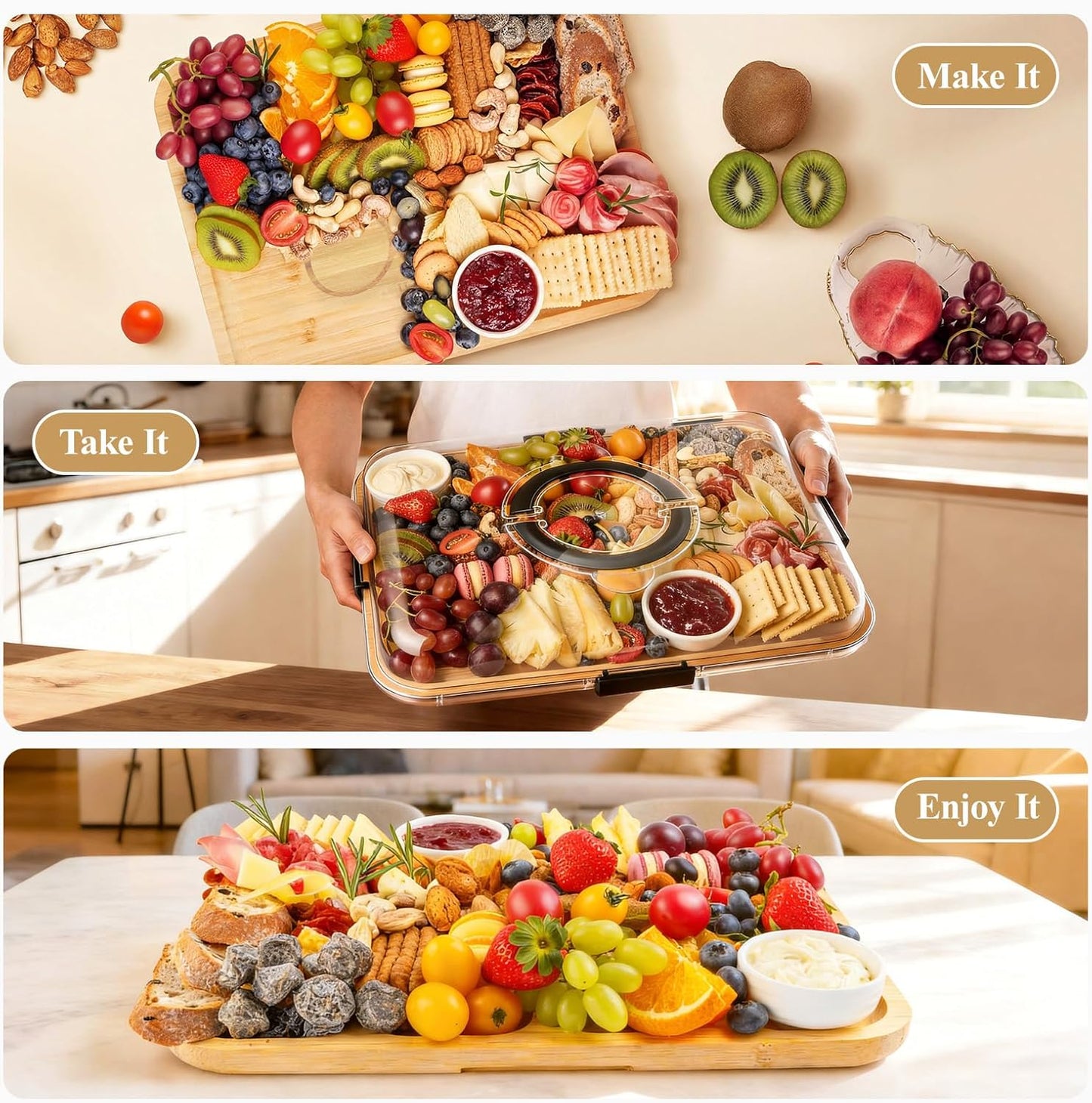 Portable Bamboo Charcuterie Board with Lid, 6 Compartments | Includes Knife Set, Plates, Forks & Handle, Travel Serving Tray Platter for Cheese, Meat, Fruit, Housewarming Gift for Women