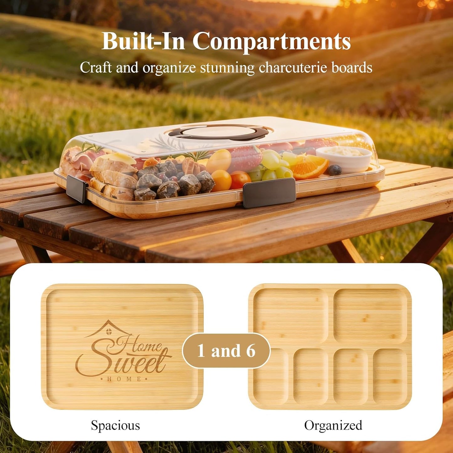 Portable Bamboo Charcuterie Board with Lid, 6 Compartments | Includes Knife Set, Plates, Forks & Handle, Travel Serving Tray Platter for Cheese, Meat, Fruit, Housewarming Gift for Women