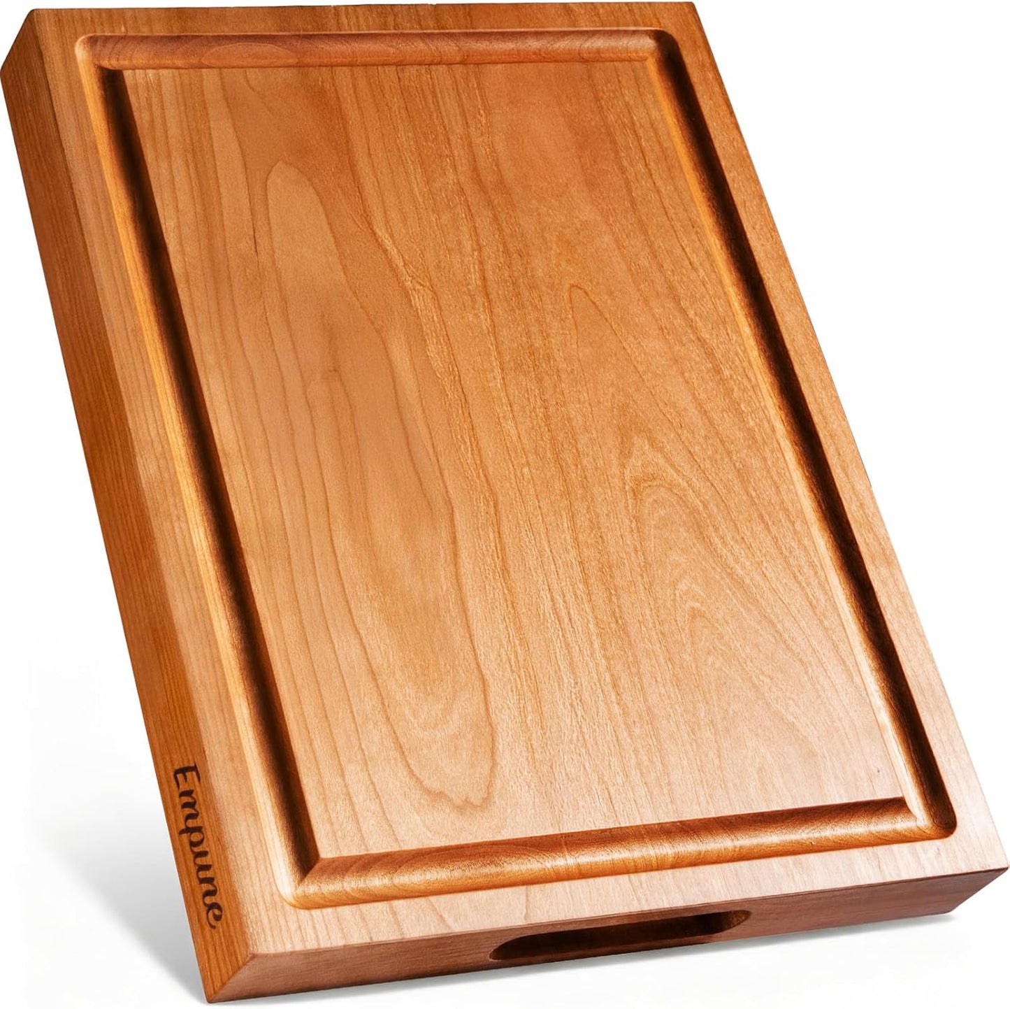 Cherry Wood Cutting Boards for Kitchen Wooden Cutting Board with Handle, Chopping Board with Built-in Juice Groove & Well, Heavy-duty Charcuterie Board Butcher Block, 16.5x11.8x1.4 Inches