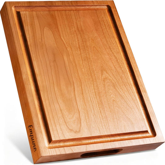Cherry Wood Cutting Boards for Kitchen Wooden Cutting Board with Handle, Chopping Board with Built-in Juice Groove & Well, Heavy-duty Charcuterie Board Butcher Block, 16.5x11.8x1.4 Inches