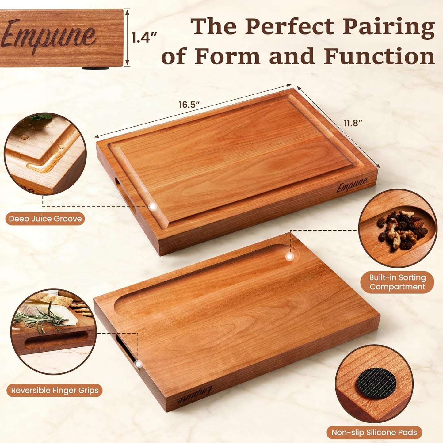 Cherry Wood Cutting Boards for Kitchen Wooden Cutting Board with Handle, Chopping Board with Built-in Juice Groove & Well, Heavy-duty Charcuterie Board Butcher Block, 16.5x11.8x1.4 Inches