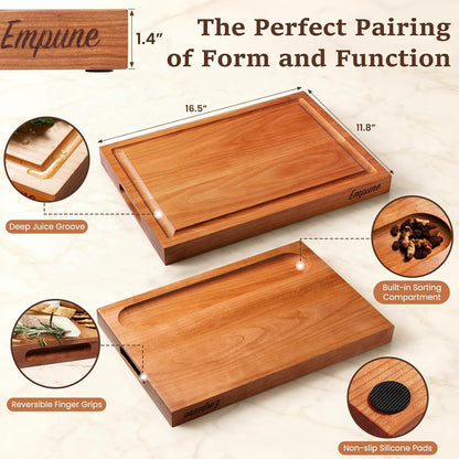 Cherry Wood Cutting Boards for Kitchen Wooden Cutting Board with Handle, Chopping Board with Built-in Juice Groove & Well, Heavy-duty Charcuterie Board Butcher Block, 16.5x11.8x1.4 Inches