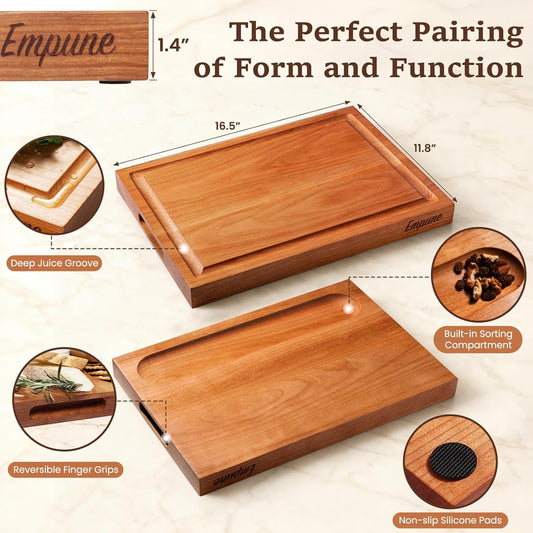 Cherry Wood Cutting Boards for Kitchen Wooden Cutting Board with Handle, Chopping Board with Built-in Juice Groove & Well, Heavy-duty Charcuterie Board Butcher Block, 16.5x11.8x1.4 Inches