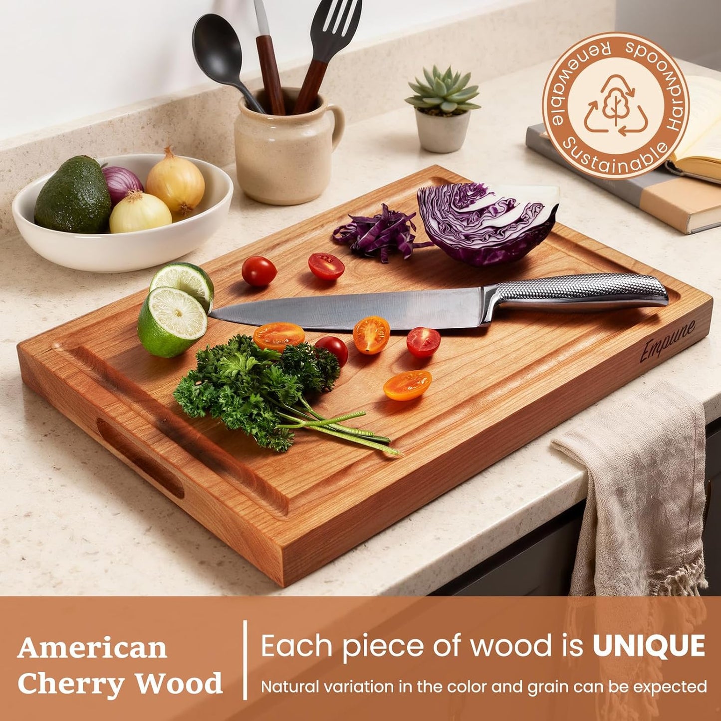 Cherry Wood Cutting Boards for Kitchen Wooden Cutting Board with Handle, Chopping Board with Built-in Juice Groove & Well, Heavy-duty Charcuterie Board Butcher Block, 16.5x11.8x1.4 Inches