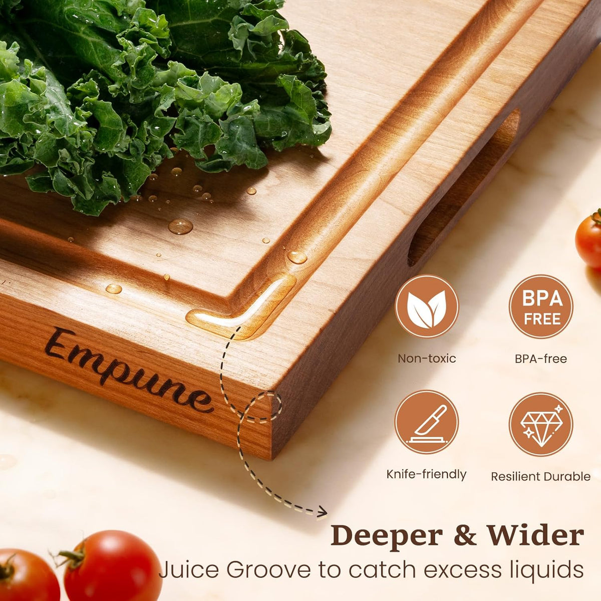 Cherry Wood Cutting Boards for Kitchen Wooden Cutting Board with Handle, Chopping Board with Built-in Juice Groove & Well, Heavy-duty Charcuterie Board Butcher Block, 16.5x11.8x1.4 Inches