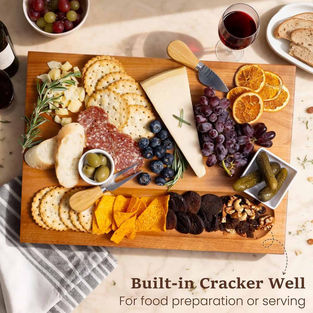 Cherry Wood Cutting Boards for Kitchen Wooden Cutting Board with Handle, Chopping Board with Built-in Juice Groove & Well, Heavy-duty Charcuterie Board Butcher Block, 16.5x11.8x1.4 Inches