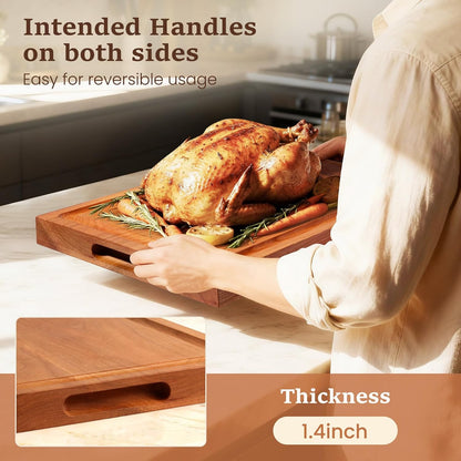Cherry Wood Cutting Boards for Kitchen Wooden Cutting Board with Handle, Chopping Board with Built-in Juice Groove & Well, Heavy-duty Charcuterie Board Butcher Block, 16.5x11.8x1.4 Inches