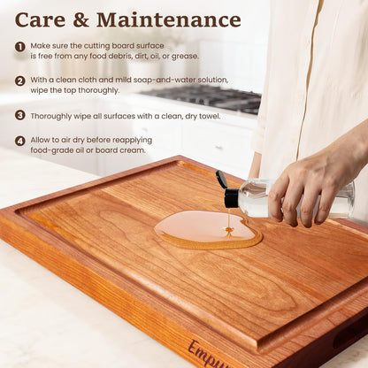 Cherry Wood Cutting Boards for Kitchen Wooden Cutting Board with Handle, Chopping Board with Built-in Juice Groove & Well, Heavy-duty Charcuterie Board Butcher Block, 16.5x11.8x1.4 Inches