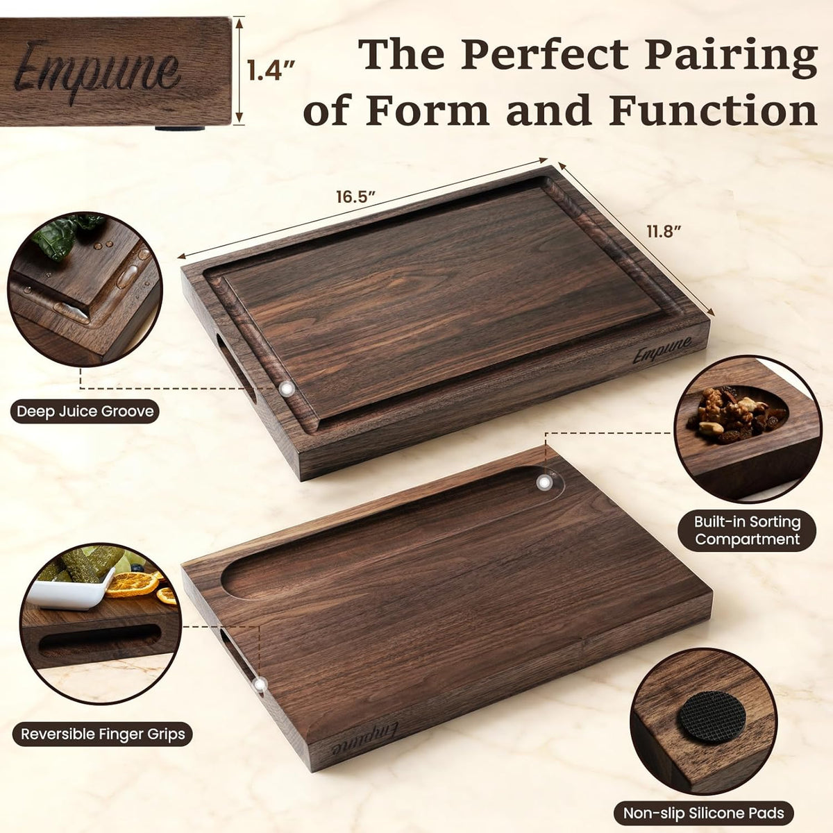 Cherry Wood Cutting Boards for Kitchen Wooden Cutting Board with Handle, Chopping Board with Built-in Juice Groove & Well, Heavy-duty Charcuterie Board Butcher Block, 16.5x11.8x1.4 Inches