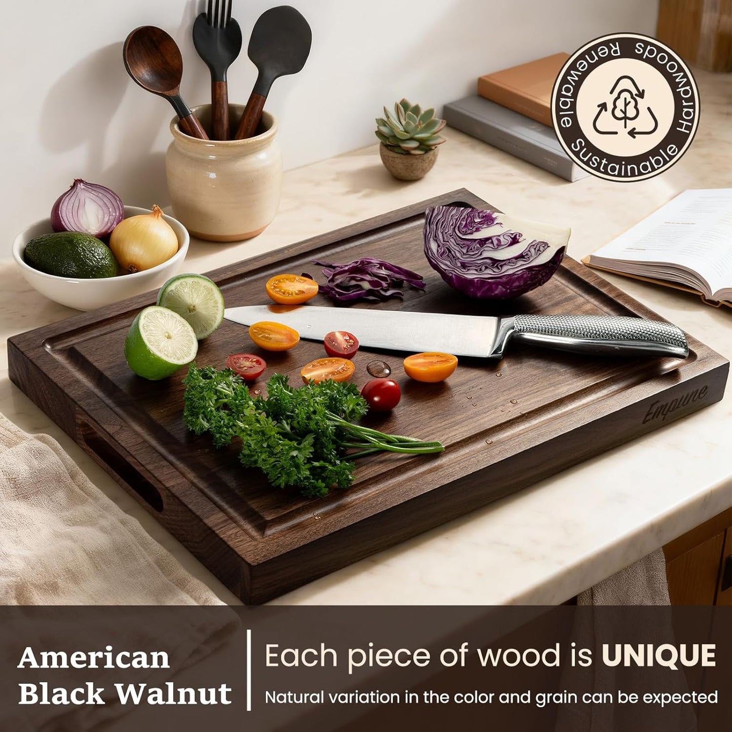 Cherry Wood Cutting Boards for Kitchen Wooden Cutting Board with Handle, Chopping Board with Built-in Juice Groove & Well, Heavy-duty Charcuterie Board Butcher Block, 16.5x11.8x1.4 Inches