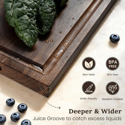 Cherry Wood Cutting Boards for Kitchen Wooden Cutting Board with Handle, Chopping Board with Built-in Juice Groove & Well, Heavy-duty Charcuterie Board Butcher Block, 16.5x11.8x1.4 Inches