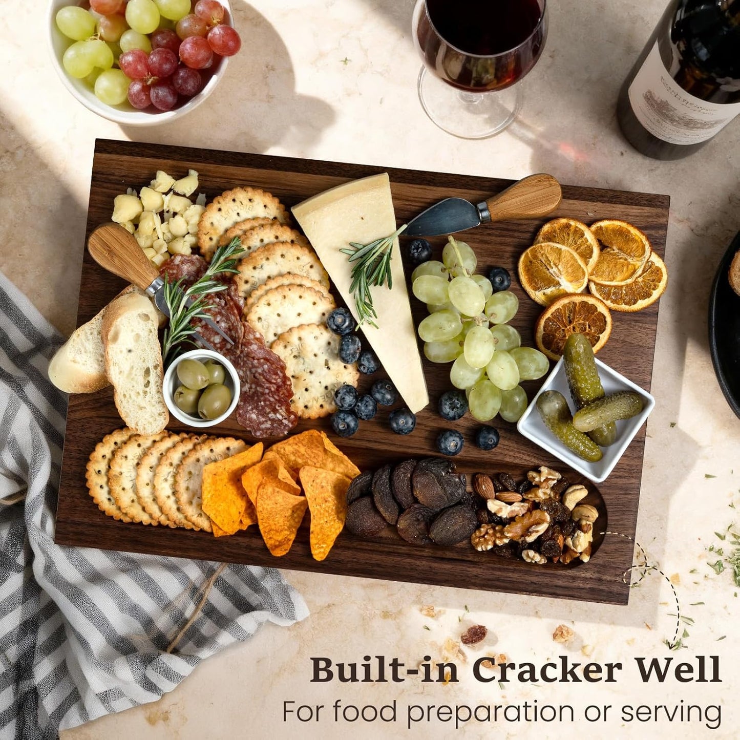 Cherry Wood Cutting Boards for Kitchen Wooden Cutting Board with Handle, Chopping Board with Built-in Juice Groove & Well, Heavy-duty Charcuterie Board Butcher Block, 16.5x11.8x1.4 Inches