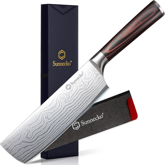 Japanese Nakiri Knife 7 Inch - 12° Edge Carbon Steel Chef Knife for Meat Vegetable Cutting Japanese Style, Full Tang Forged Blade Knife with Sheath, Kitchen Gift for Father Home Cooks & Pros