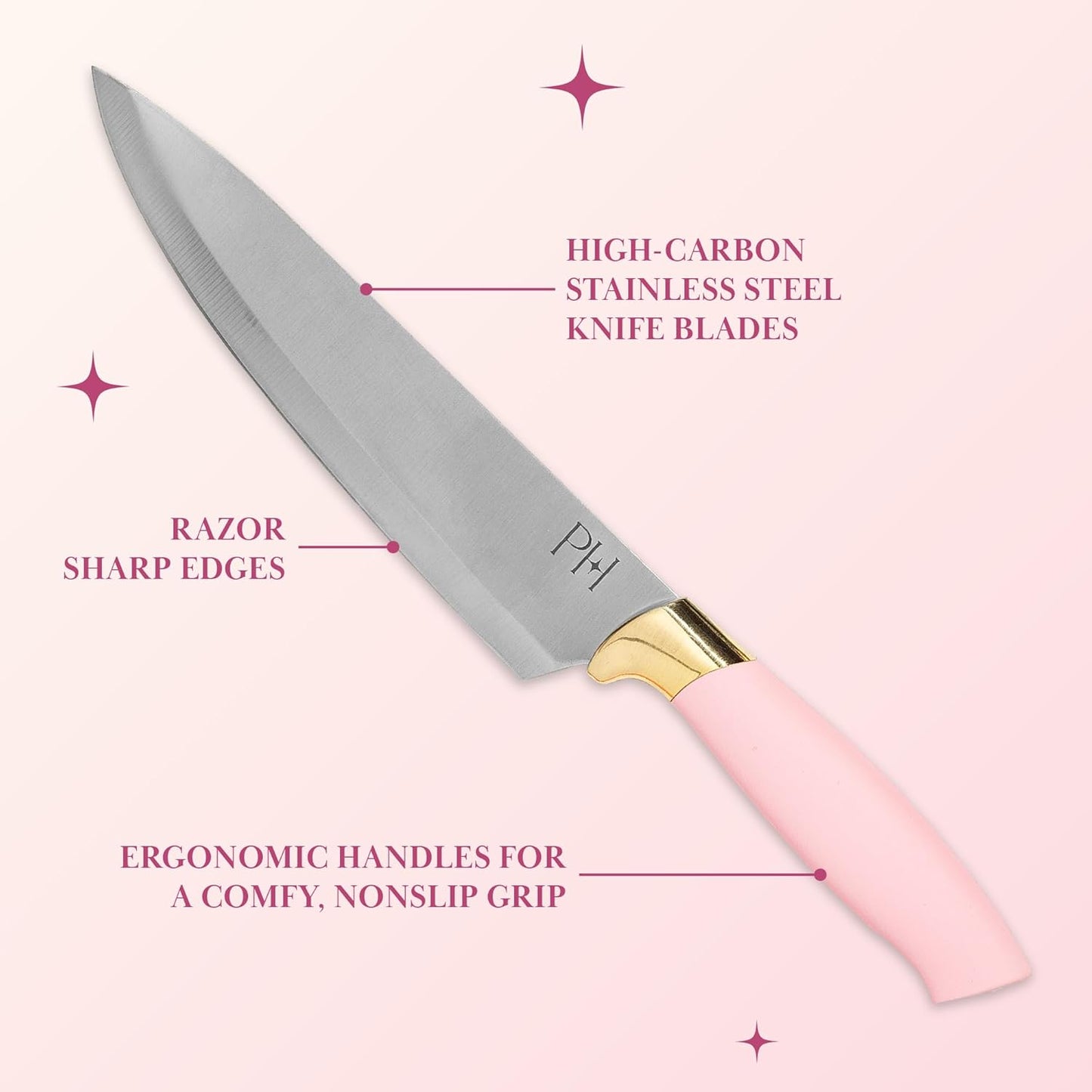 Paris Hilton 12-Piece Knife Set with Block, High-Carbon Stainless Steel Cutlery, Precision Blades and Ergonomic Handles Kitchen Knife Set, Pink