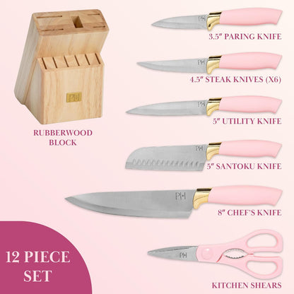 Paris Hilton 12-Piece Knife Set with Block, High-Carbon Stainless Steel Cutlery, Precision Blades and Ergonomic Handles Kitchen Knife Set, Pink