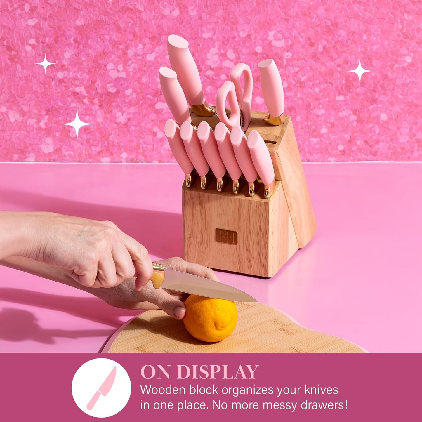 Paris Hilton 12-Piece Knife Set with Block, High-Carbon Stainless Steel Cutlery, Precision Blades and Ergonomic Handles Kitchen Knife Set, Pink