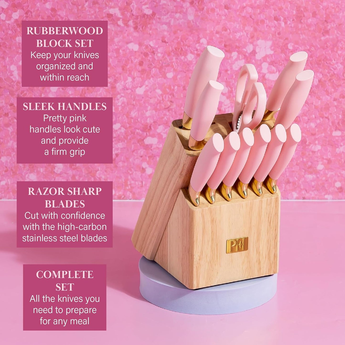 Paris Hilton 12-Piece Knife Set with Block, High-Carbon Stainless Steel Cutlery, Precision Blades and Ergonomic Handles Kitchen Knife Set, Pink