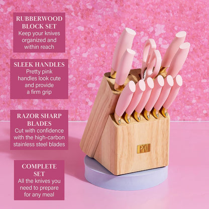 Paris Hilton 12-Piece Knife Set with Block, High-Carbon Stainless Steel Cutlery, Precision Blades and Ergonomic Handles Kitchen Knife Set, Pink