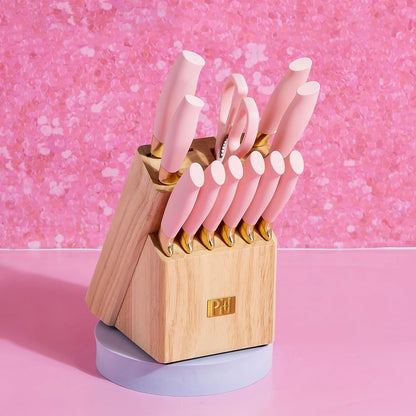 Paris Hilton 12-Piece Knife Set with Block, High-Carbon Stainless Steel Cutlery, Precision Blades and Ergonomic Handles Kitchen Knife Set, Pink
