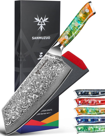 Nakiri Knife - 7.5 inch Cleaver Knife- Xuan Series - VG10 Damascus Steel Kitchen Knife - Resin Handle (Fantasy Orange)