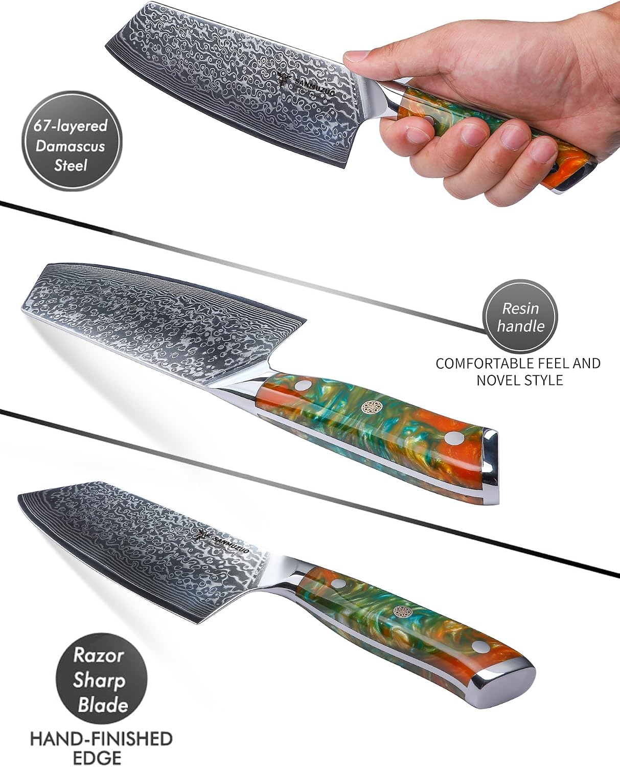 Nakiri Knife - 7.5 inch Cleaver Knife- Xuan Series - VG10 Damascus Steel Kitchen Knife - Resin Handle (Fantasy Orange)