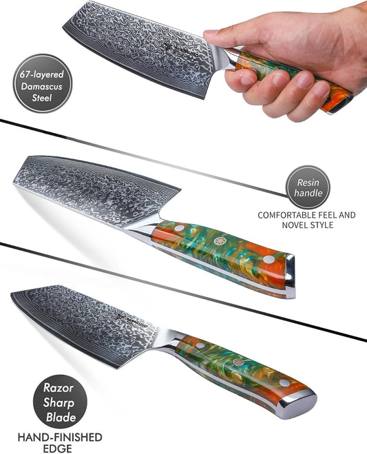 Nakiri Knife - 7.5 inch Cleaver Knife- Xuan Series - VG10 Damascus Steel Kitchen Knife - Resin Handle (Fantasy Orange)