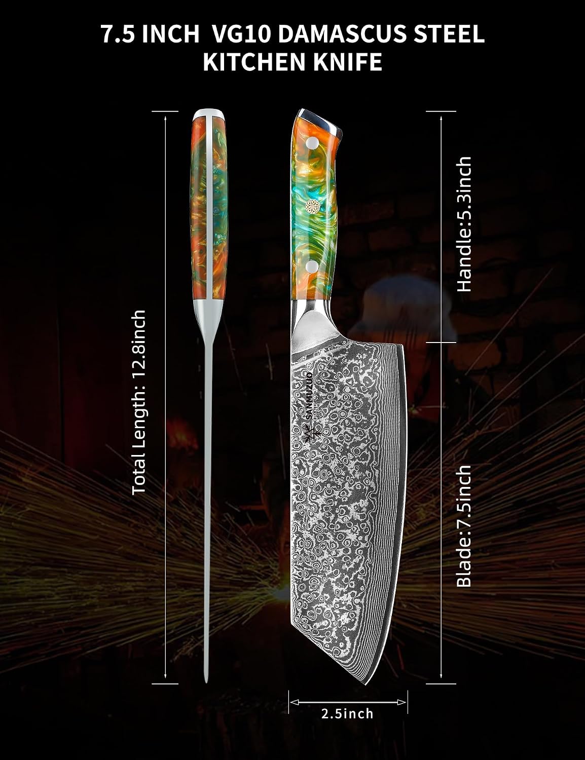 Nakiri Knife - 7.5 inch Cleaver Knife- Xuan Series - VG10 Damascus Steel Kitchen Knife - Resin Handle (Fantasy Orange)