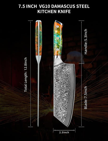 Nakiri Knife - 7.5 inch Cleaver Knife- Xuan Series - VG10 Damascus Steel Kitchen Knife - Resin Handle (Fantasy Orange)