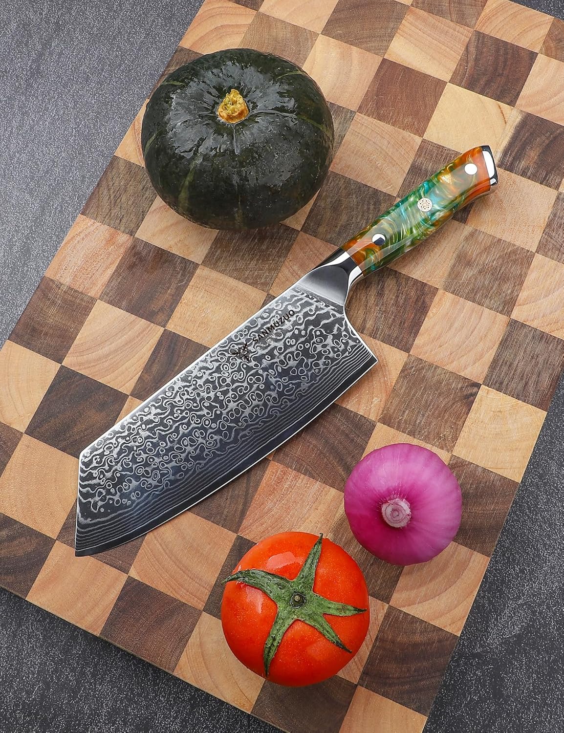Nakiri Knife - 7.5 inch Cleaver Knife- Xuan Series - VG10 Damascus Steel Kitchen Knife - Resin Handle (Fantasy Orange)