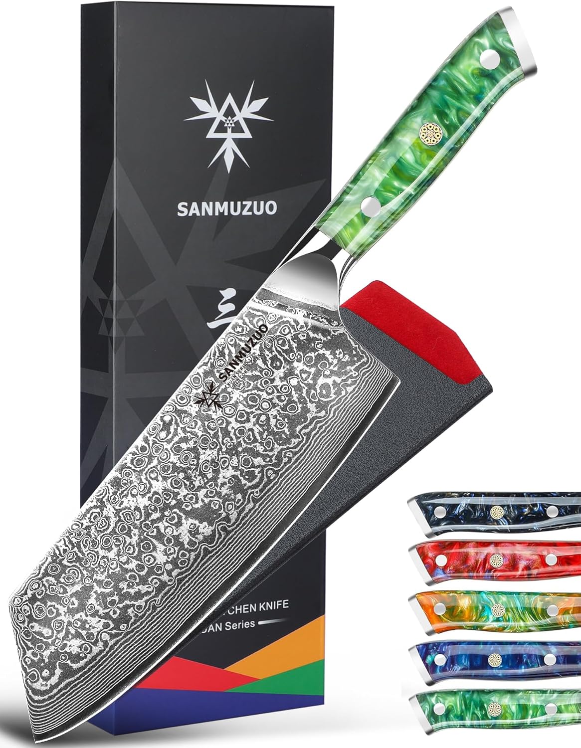 Nakiri Knife - 7.5 inch Cleaver Knife- Xuan Series - VG10 Damascus Steel Kitchen Knife - Resin Handle (Fantasy Orange)