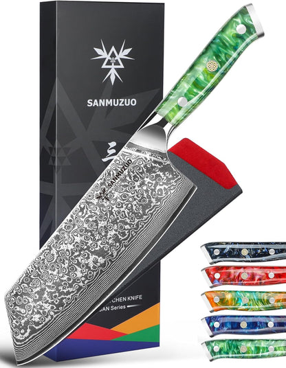 Nakiri Knife - 7.5 inch Cleaver Knife- Xuan Series - VG10 Damascus Steel Kitchen Knife - Resin Handle (Fantasy Orange)