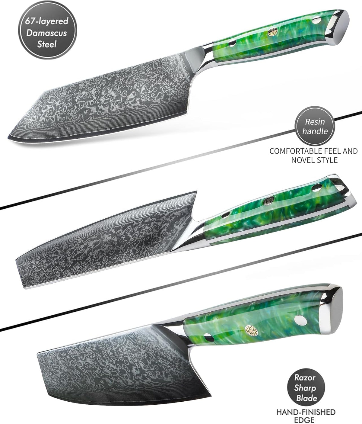 Nakiri Knife - 7.5 inch Cleaver Knife- Xuan Series - VG10 Damascus Steel Kitchen Knife - Resin Handle (Fantasy Orange)