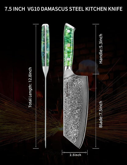 Nakiri Knife - 7.5 inch Cleaver Knife- Xuan Series - VG10 Damascus Steel Kitchen Knife - Resin Handle (Fantasy Orange)