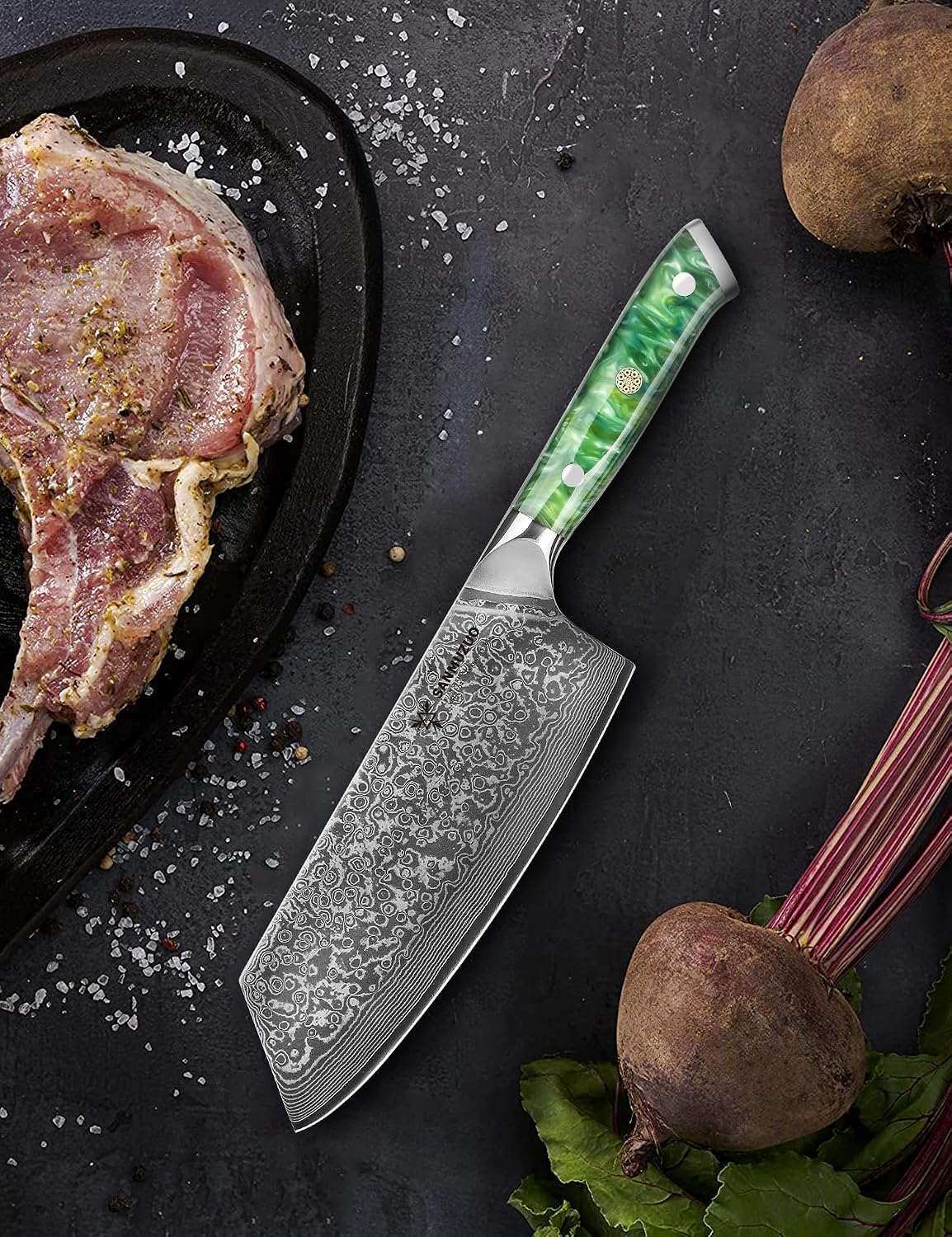 Nakiri Knife - 7.5 inch Cleaver Knife- Xuan Series - VG10 Damascus Steel Kitchen Knife - Resin Handle (Fantasy Orange)