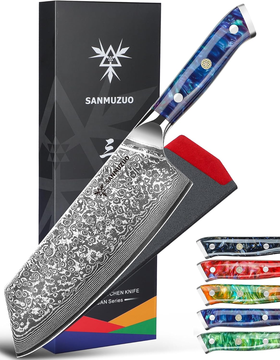 Nakiri Knife - 7.5 inch Cleaver Knife- Xuan Series - VG10 Damascus Steel Kitchen Knife - Resin Handle (Fantasy Orange)