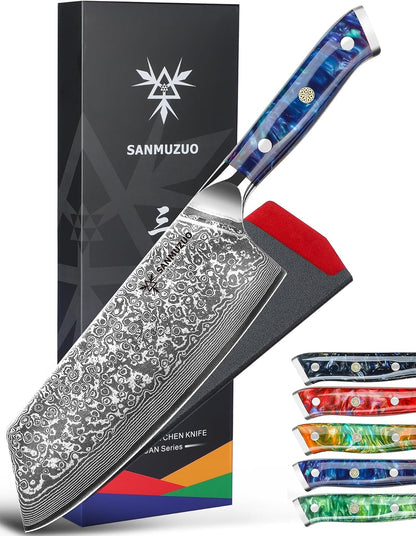 Nakiri Knife - 7.5 inch Cleaver Knife- Xuan Series - VG10 Damascus Steel Kitchen Knife - Resin Handle (Fantasy Orange)