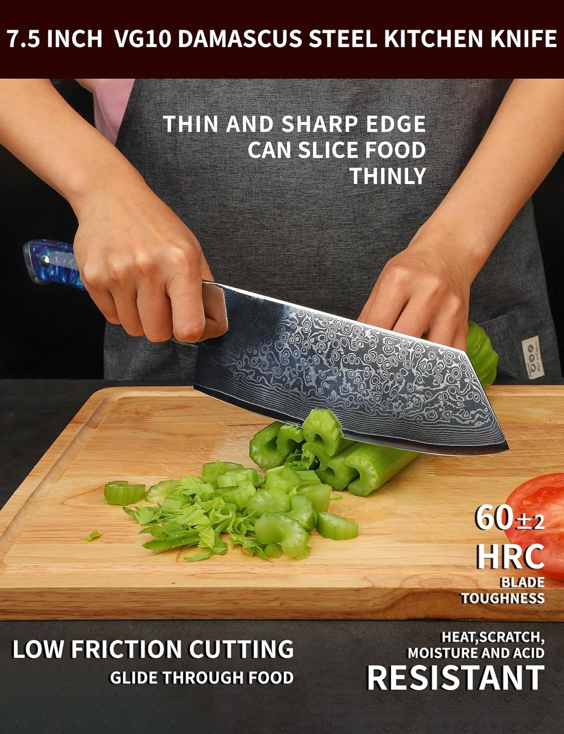 Nakiri Knife - 7.5 inch Cleaver Knife- Xuan Series - VG10 Damascus Steel Kitchen Knife - Resin Handle (Fantasy Orange)
