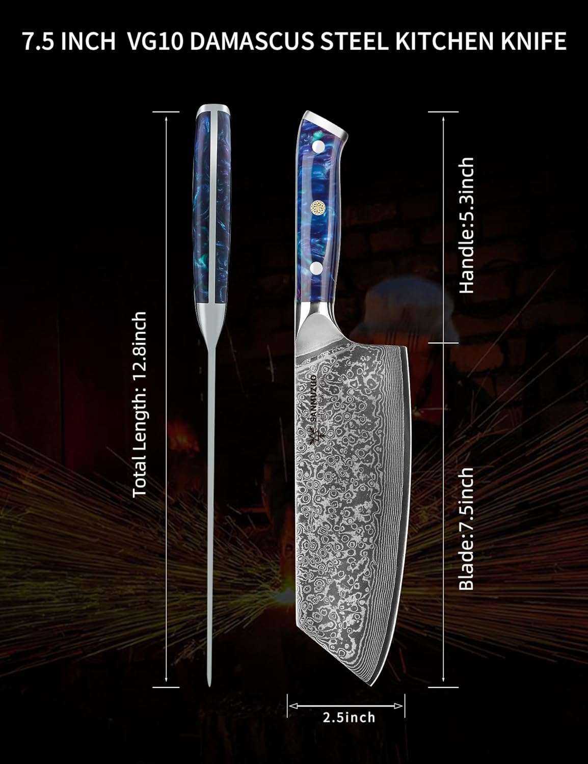 Nakiri Knife - 7.5 inch Cleaver Knife- Xuan Series - VG10 Damascus Steel Kitchen Knife - Resin Handle (Fantasy Orange)