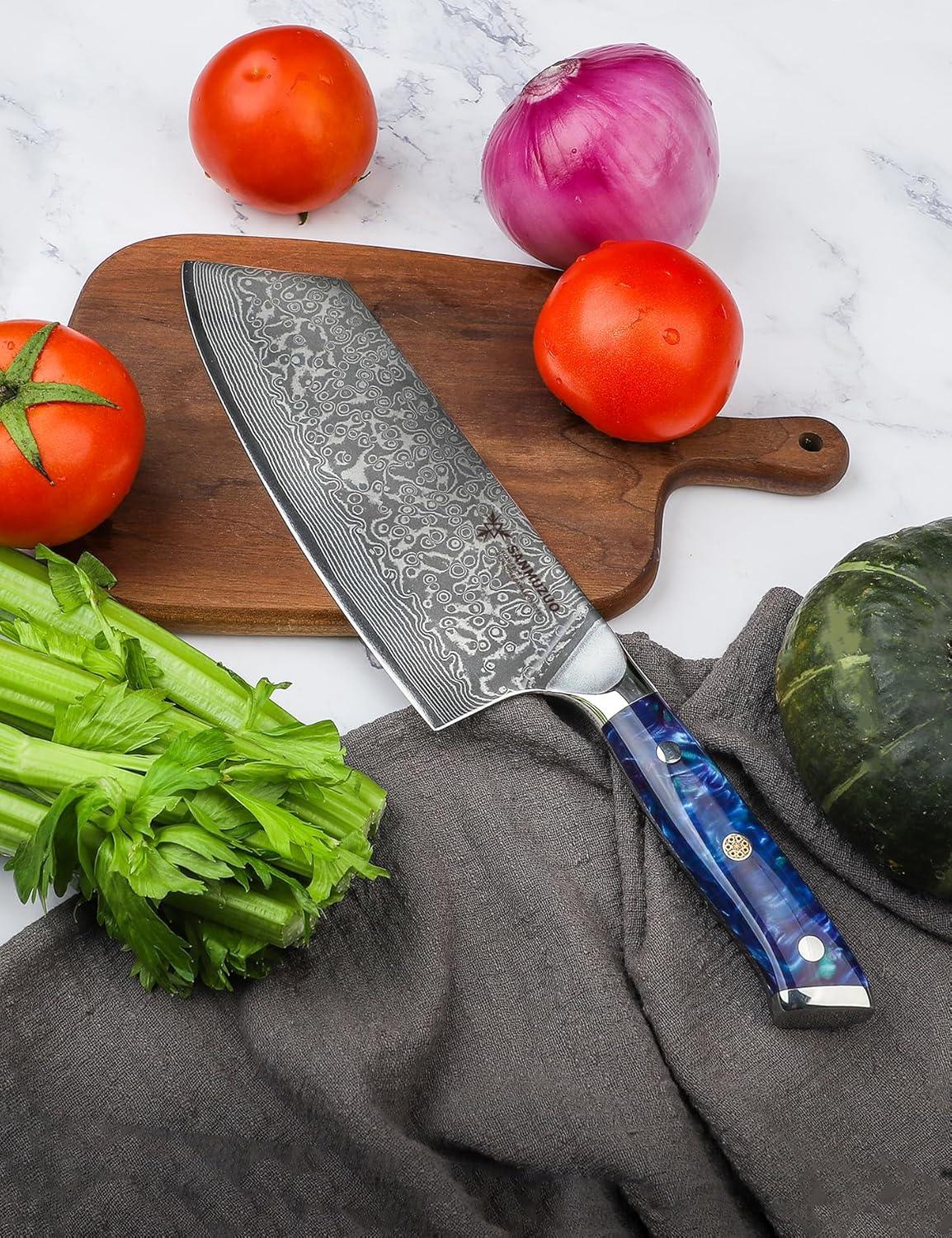 Nakiri Knife - 7.5 inch Cleaver Knife- Xuan Series - VG10 Damascus Steel Kitchen Knife - Resin Handle (Fantasy Orange)