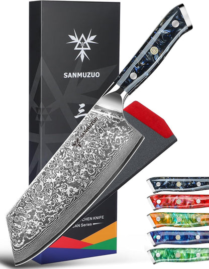 Nakiri Knife - 7.5 inch Cleaver Knife- Xuan Series - VG10 Damascus Steel Kitchen Knife - Resin Handle (Fantasy Orange)