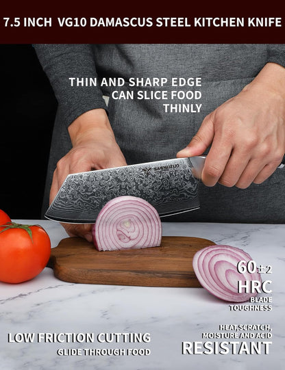 Nakiri Knife - 7.5 inch Cleaver Knife- Xuan Series - VG10 Damascus Steel Kitchen Knife - Resin Handle (Fantasy Orange)