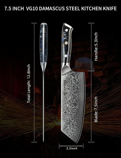 Nakiri Knife - 7.5 inch Cleaver Knife- Xuan Series - VG10 Damascus Steel Kitchen Knife - Resin Handle (Fantasy Orange)