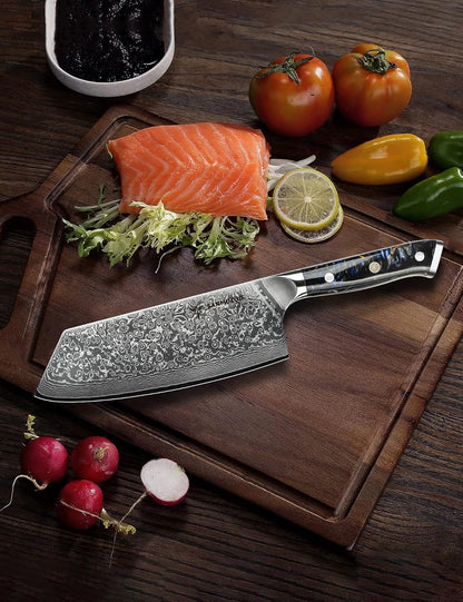 Nakiri Knife - 7.5 inch Cleaver Knife- Xuan Series - VG10 Damascus Steel Kitchen Knife - Resin Handle (Fantasy Orange)