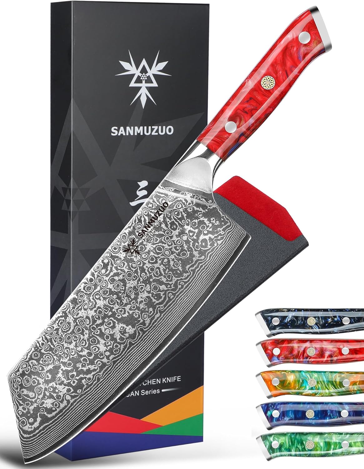 Nakiri Knife - 7.5 inch Cleaver Knife- Xuan Series - VG10 Damascus Steel Kitchen Knife - Resin Handle (Fantasy Orange)